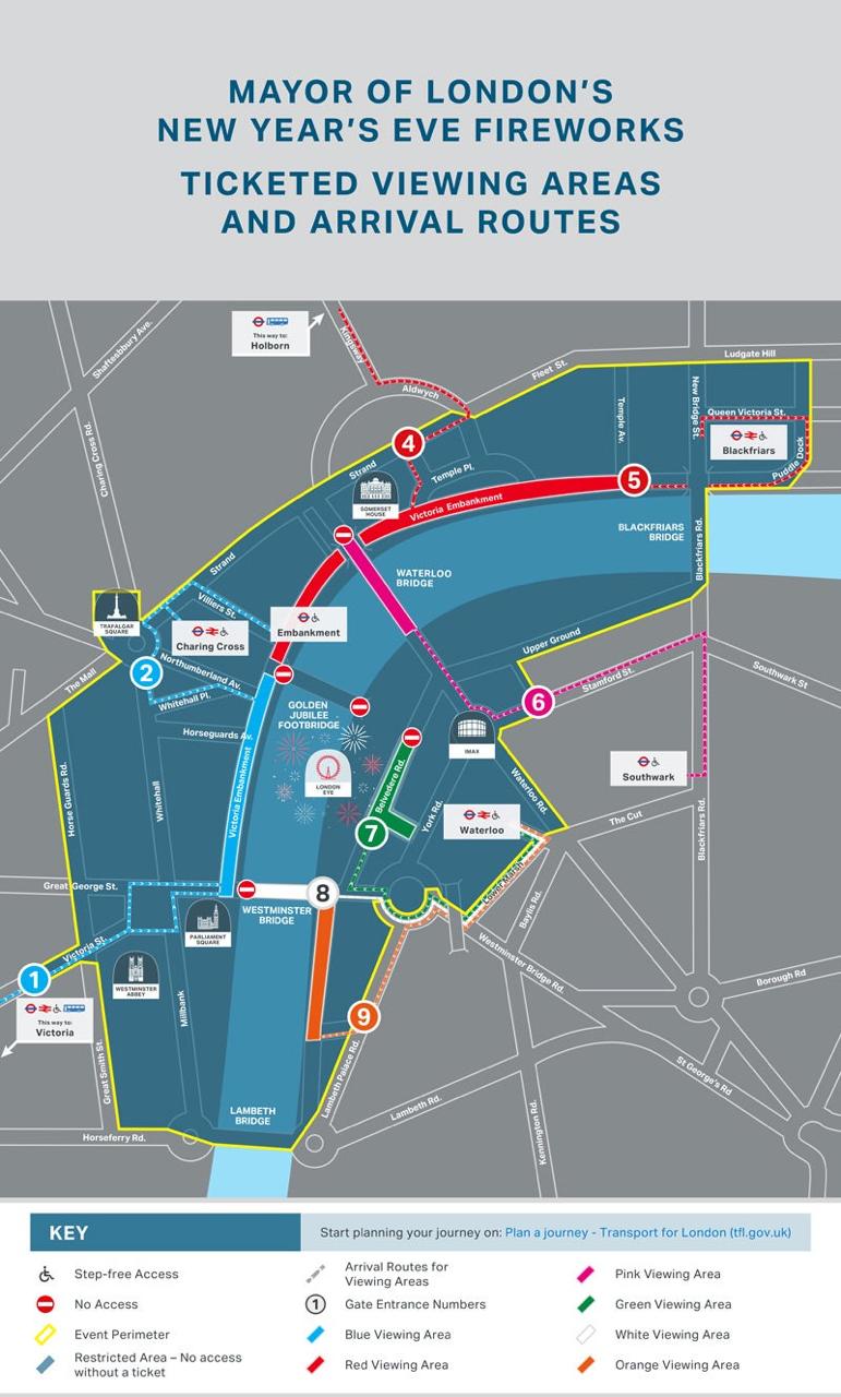 Mayor of London's New Year's Eve Fireworks official ticketed viewing areas and arrival routes along the Thames